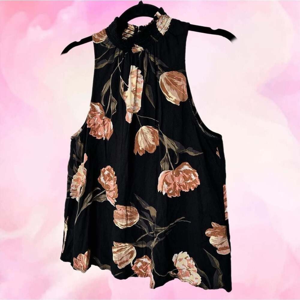 A New Day Black Floral Mock Neck Ruched Sleeveless Blouse - Picture 4 of 6